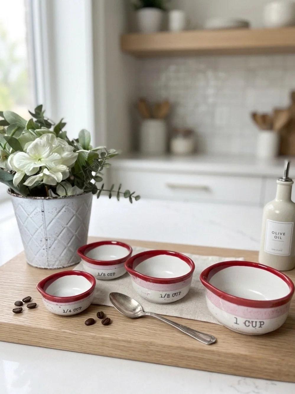 Peppermint & Pine Vintage Style Ceramic Measuring Cup Set Red Rim Pink Speckle